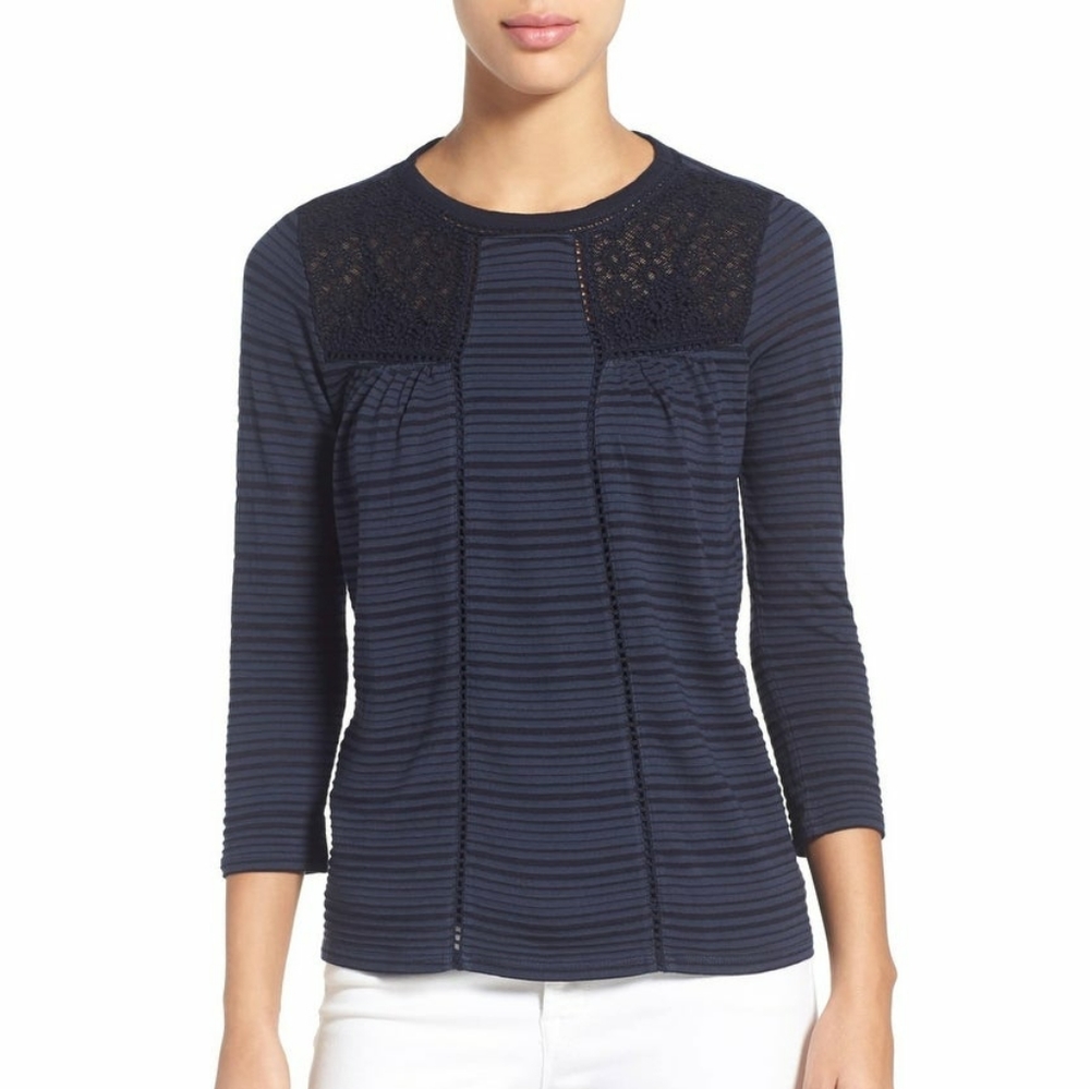 Lucky Brand Lace Yoke Shadow Striped Knit …